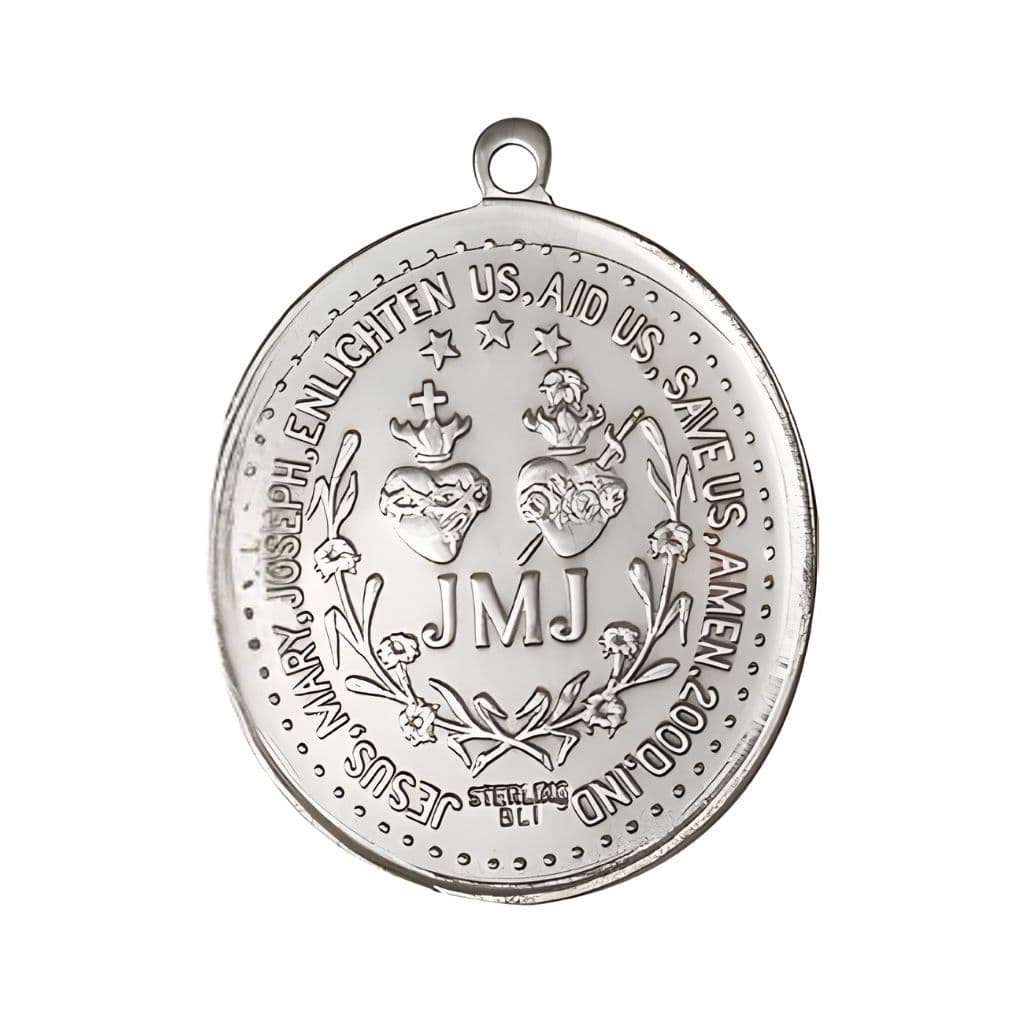Back of Medal for the Bliss Holy Family Jesus, Maria & Joseph, Measures 3/4-inch tall by 1-inch wide.