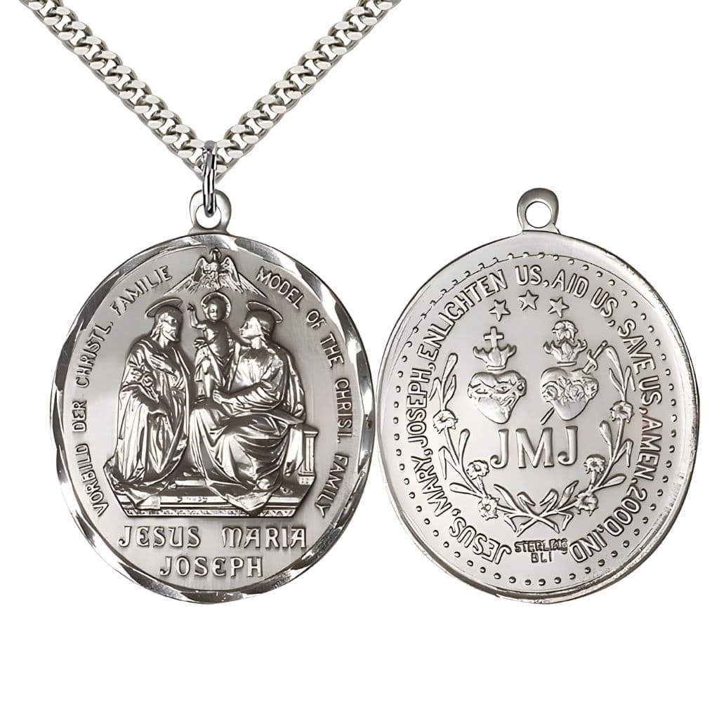 Bliss Holy Family Jesus, Maria & Joseph Sterling Silver Medal with Plated Chain, Measures 1 1/4-inch tall by 1 5/8-inch wide