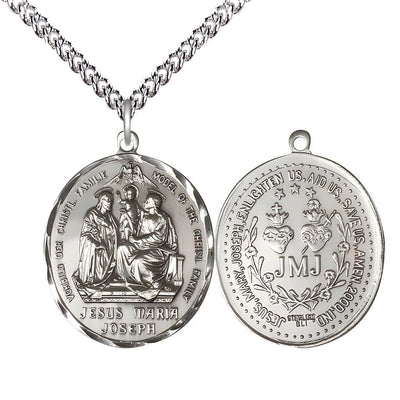 Holy Family Jesus, Maria & Joseph Sterling Silver Medal with Sterling Chain, Measures 1 1/4-inch tall by 1 5/8-inch wide, Bliss Manufacturing