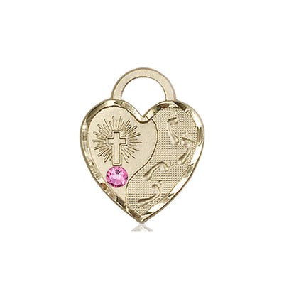 Rose Birthstone 14kt Gold Double Cross Pendant W/Austrian Crystal, Bliss Manufacturing