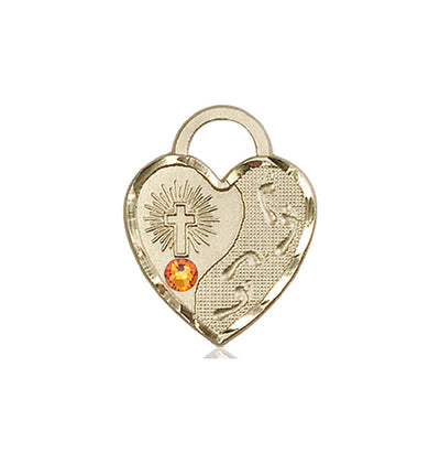 Topaz Birthstone 14kt Gold Double Cross Pendant W/Austrian Crystal, Bliss Manufacturing