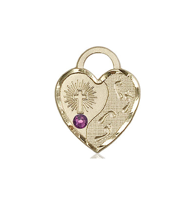 Amethyst Birthstone 14kt Gold Double Cross Pendant W/Austrian Crystal, Bliss Manufacturing