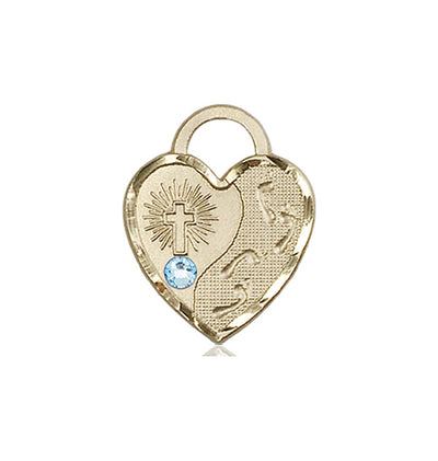 Aqua Birthstone 14kt Gold Double Cross Pendant W/Austrian Crystal, Bliss Manufacturing