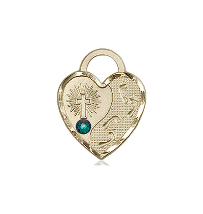 Emerald Birthstone 14kt Gold Double Cross Pendant W/Austrian Crystal, Bliss Manufacturing