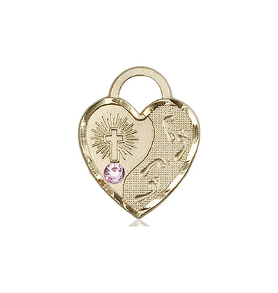Lt Amethyst Birthstone 14kt Gold Double Cross Pendant W/Austrian Crystal, Bliss Manufacturing