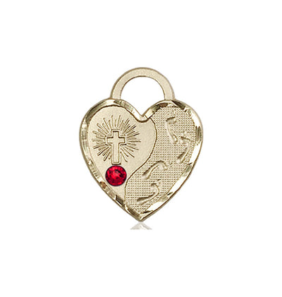 Ruby Birthstone 14kt Gold Double Cross Pendant W/Austrian Crystal, Bliss Manufacturing