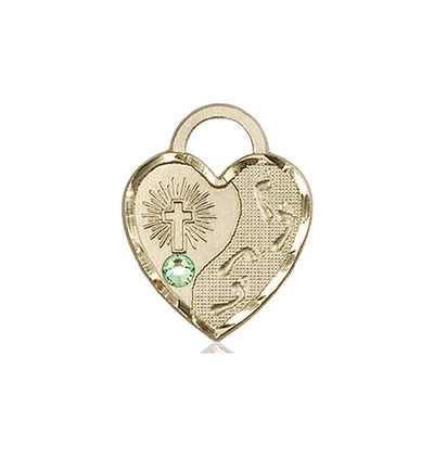 Peridot Birthstone 14kt Gold Double Cross Pendant W/Austrian Crystal, Bliss Manufacturing