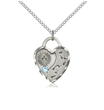 Mar Aqua Birthstone Sterling Silver Double Cross Pendant W/Austrian Crystal, Bliss Manufacturing