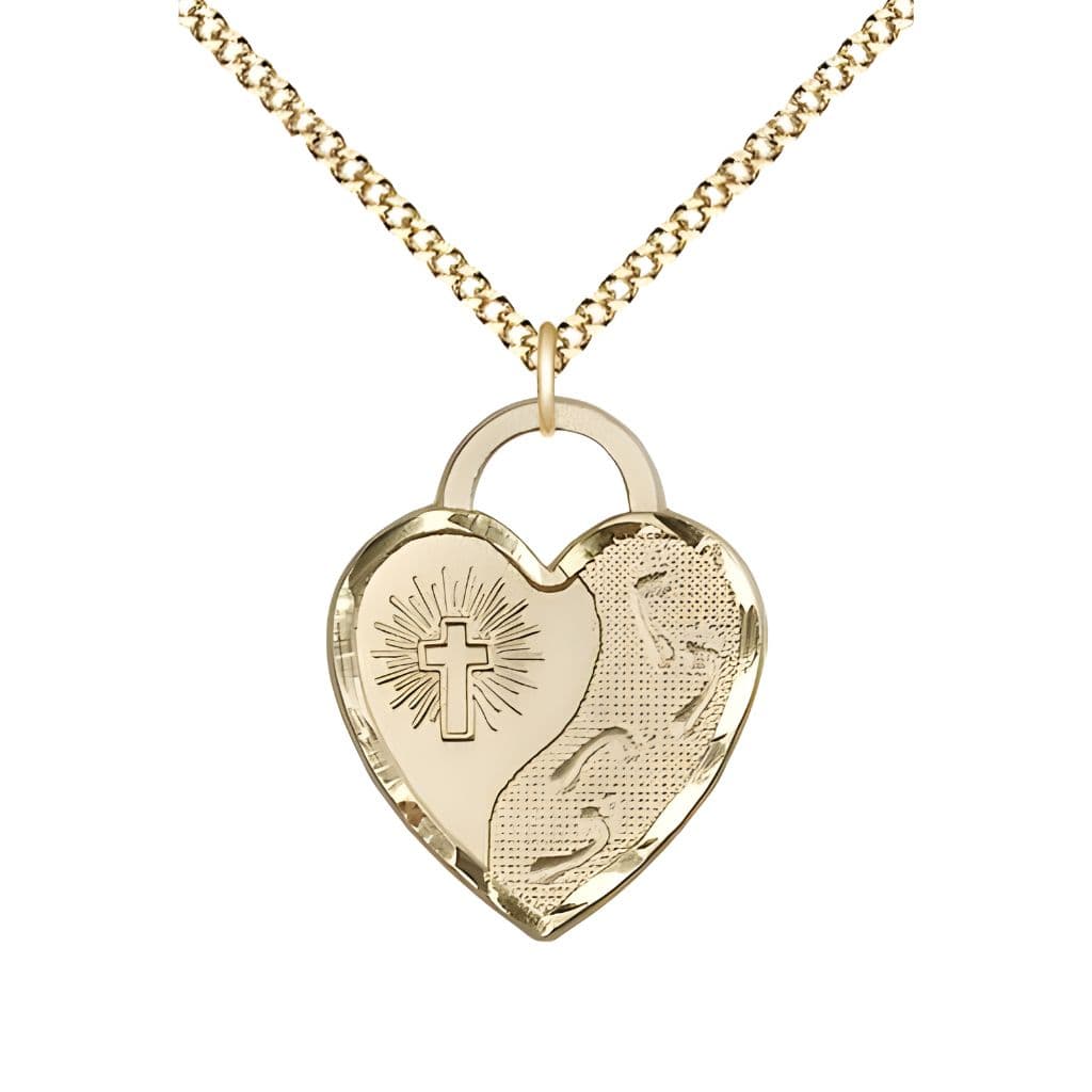 Bliss Footprints Heart 14kt Gold-filled Medal Pendant Necklace Gold-plated Light Curb Chain with Lobster Claw, Measures 3/4-inch tall by 5/8-inch wide.
