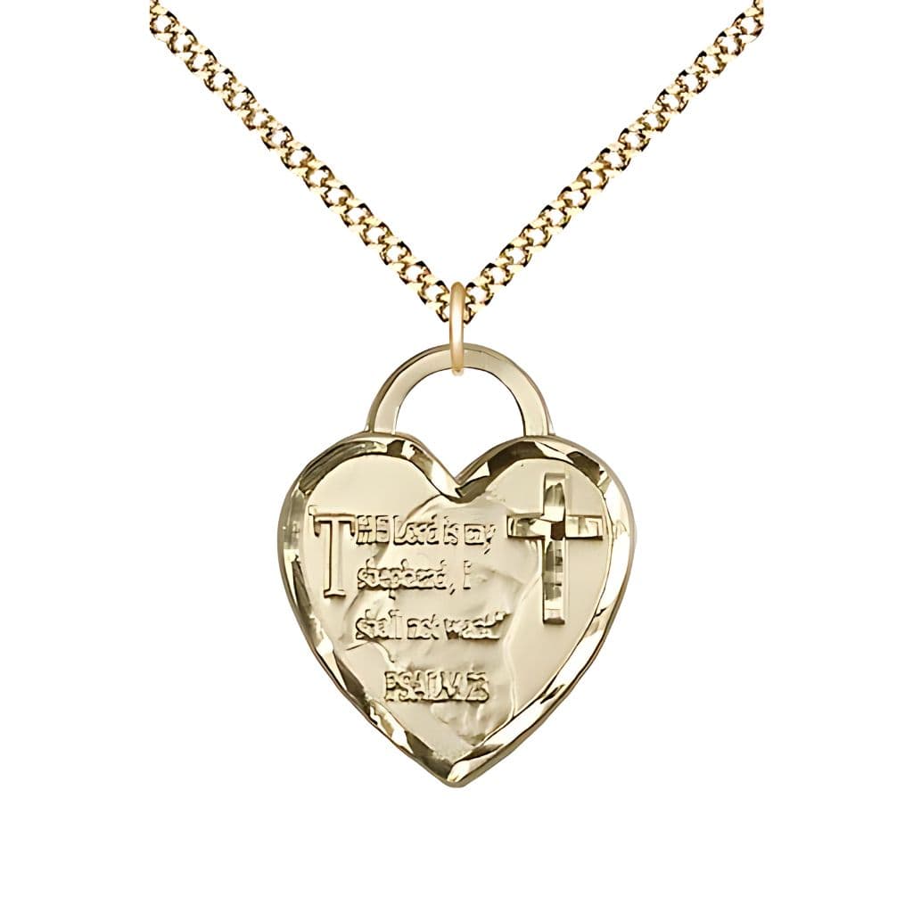 Bliss Lord is my Shepherd and Psalm 23 Heart 14kt Gold-filled Medal Pendant Necklace Gold-plated Light Curb Chain with Lobster Claw, Measures 3/4-inch tall by 5/8-inch wide.