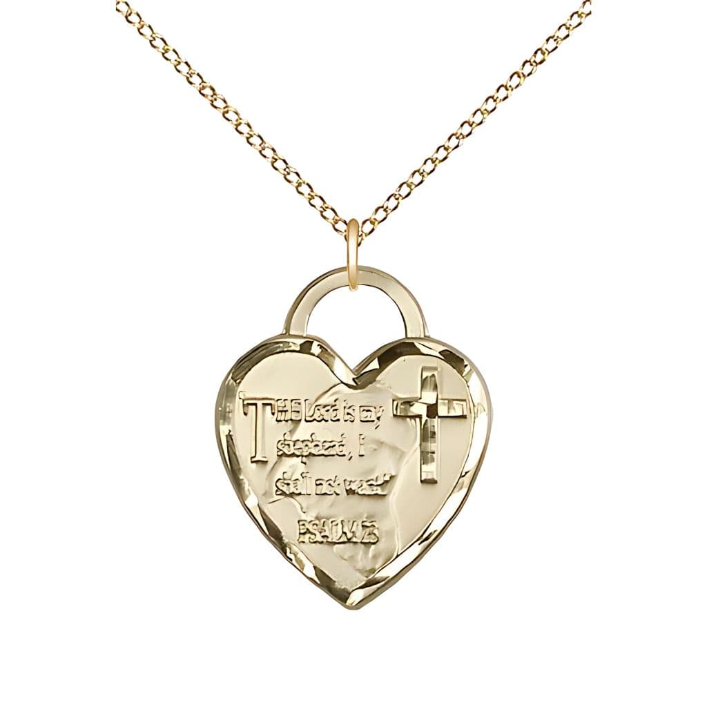Bliss Lord is my Shepherd and Psalm 23 Heart 14kt Gold Medal Pendant Necklace 14kt Gold Light Curb Chain with Lobster Claw, Measures 3/4-inch tall by 5/8-inch wide.