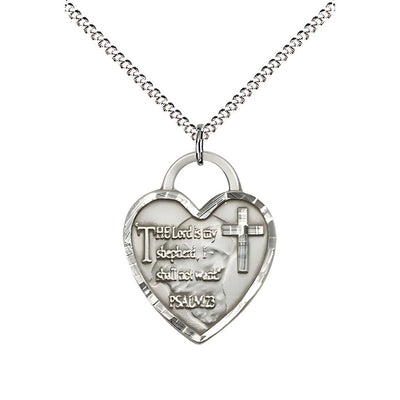 Lord is my Shepherd and Psalm 23 Heart Sterling Silver Medal Pendant Necklace Rhodium-plated Light Curb Chain with Lobster Claw, Measures 3/4-inch tall by 5/8-inch wide, Bliss Manufacturing