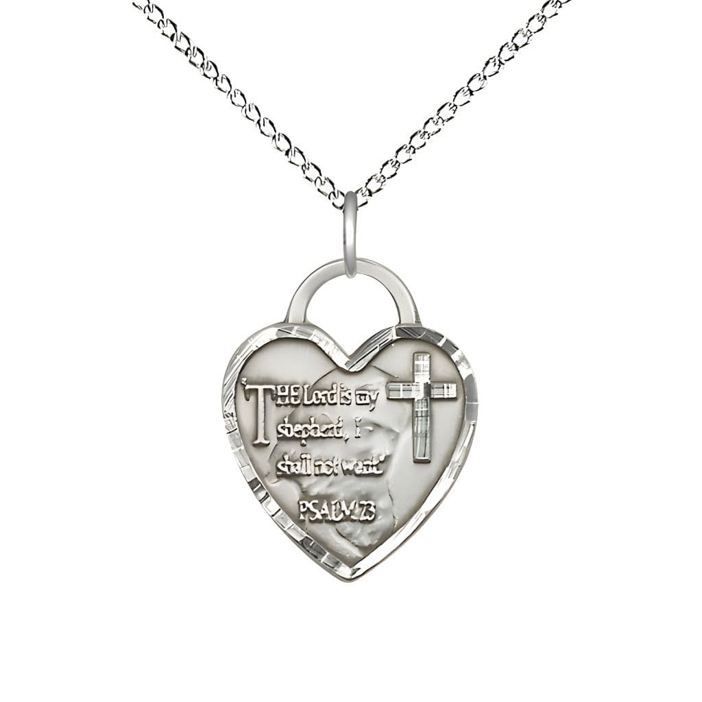 Bliss Lord is my Shepherd and Psalm 23 Heart Sterling Silver Medal Pendant Necklace Sterling Silver Light Curb Chain with Lobster Claw, Measures 3/4-inch tall by 5/8-inch wide.