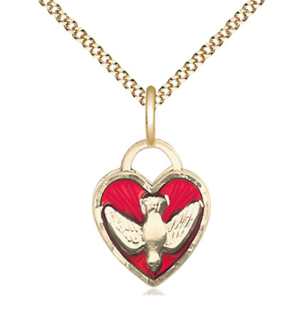 Bliss Red Epoxy Confirmation Holy Spirit Gold-Filled Medal Necklace with a Gold-Plated Chain,