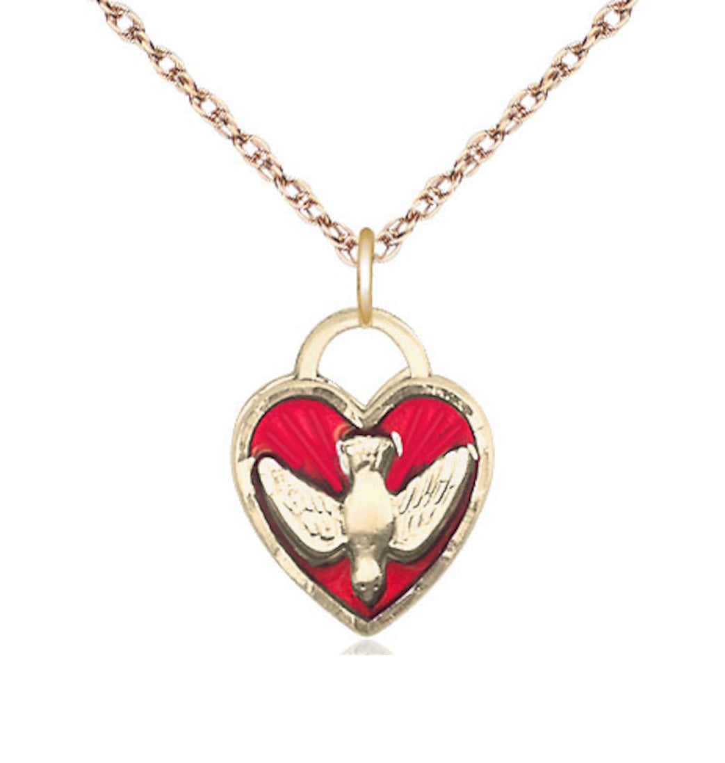 Bliss Red Epoxy Confirmation Holy Spirit Gold-Filled Medal Necklace with a Gold-Filled Chain,