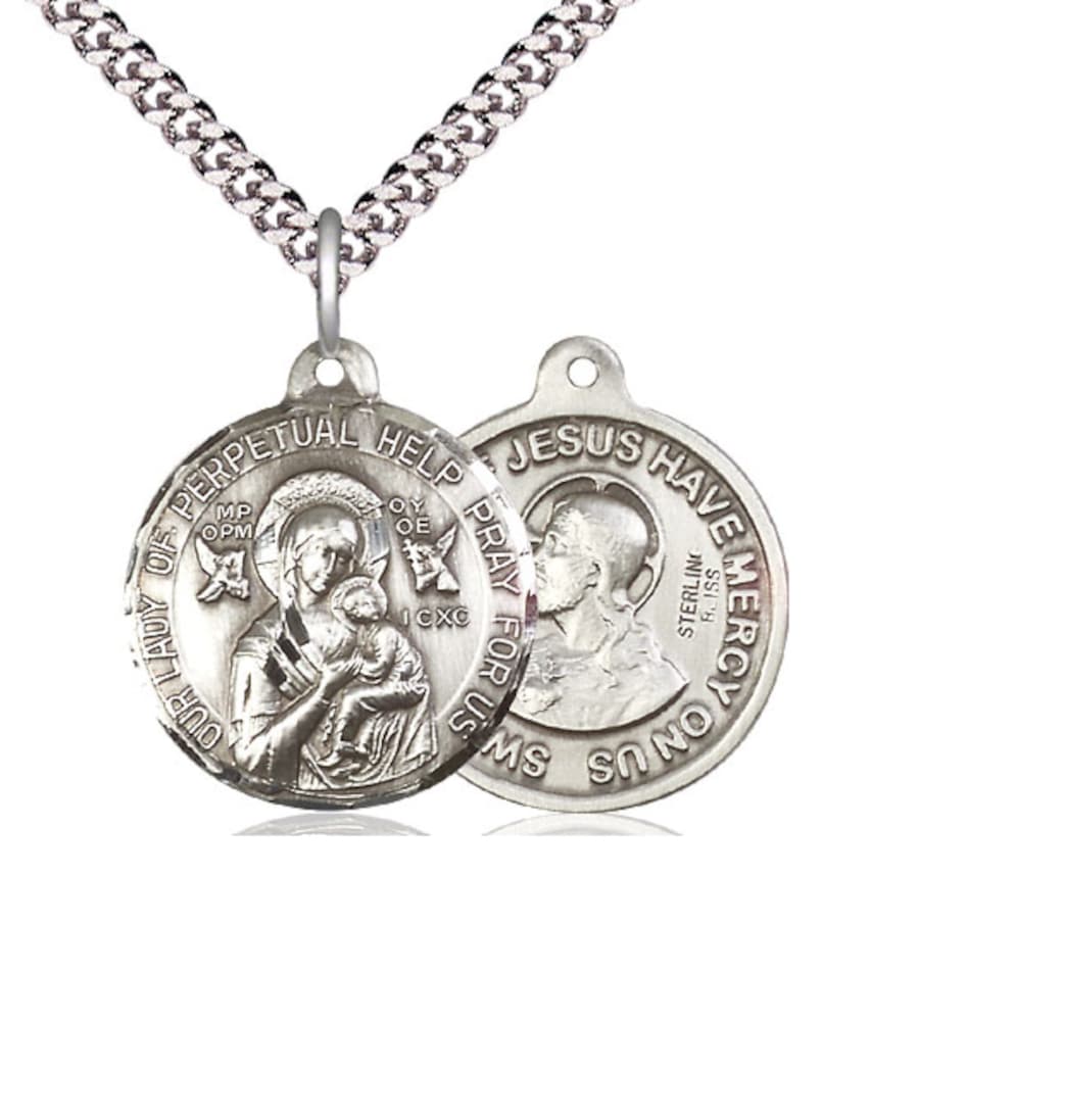 Bliss Manufacturing Our Lady Perpetual Help and Sacred Heart Sterling Silver Medal w/Chain,