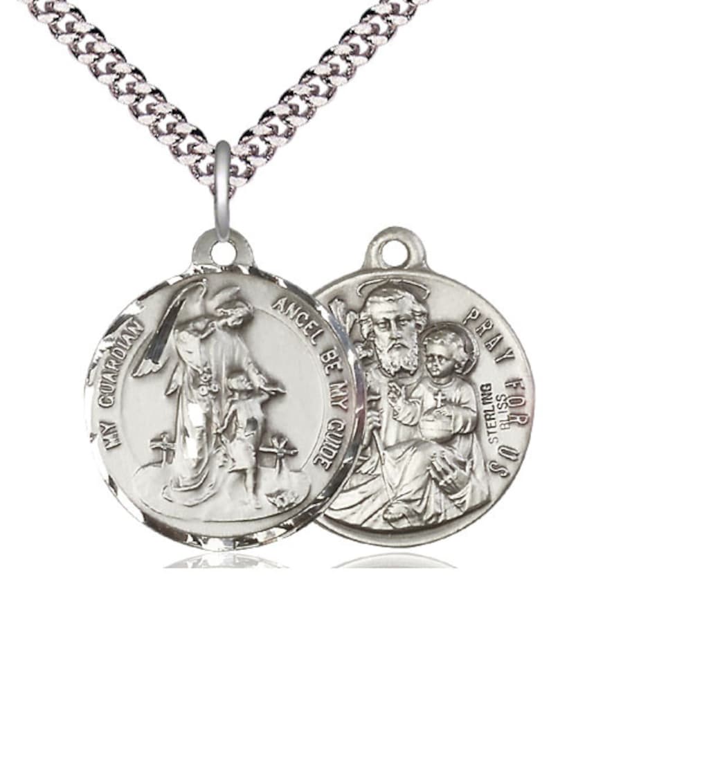 Bliss Guardian Angel and St Joseph Sterling Silver Medal w/Chain,