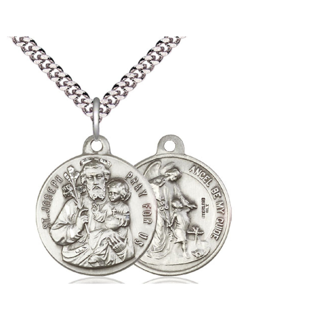 Bliss St Joseph with Child Jesus and Guardian Angel Sterling Silver Medal,