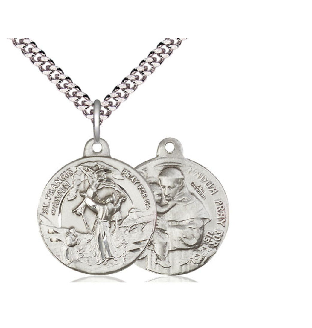 Bliss Manufacturing St Francis of Assisi and Anthony of Padua Sterling Silver Medal w/Chain,