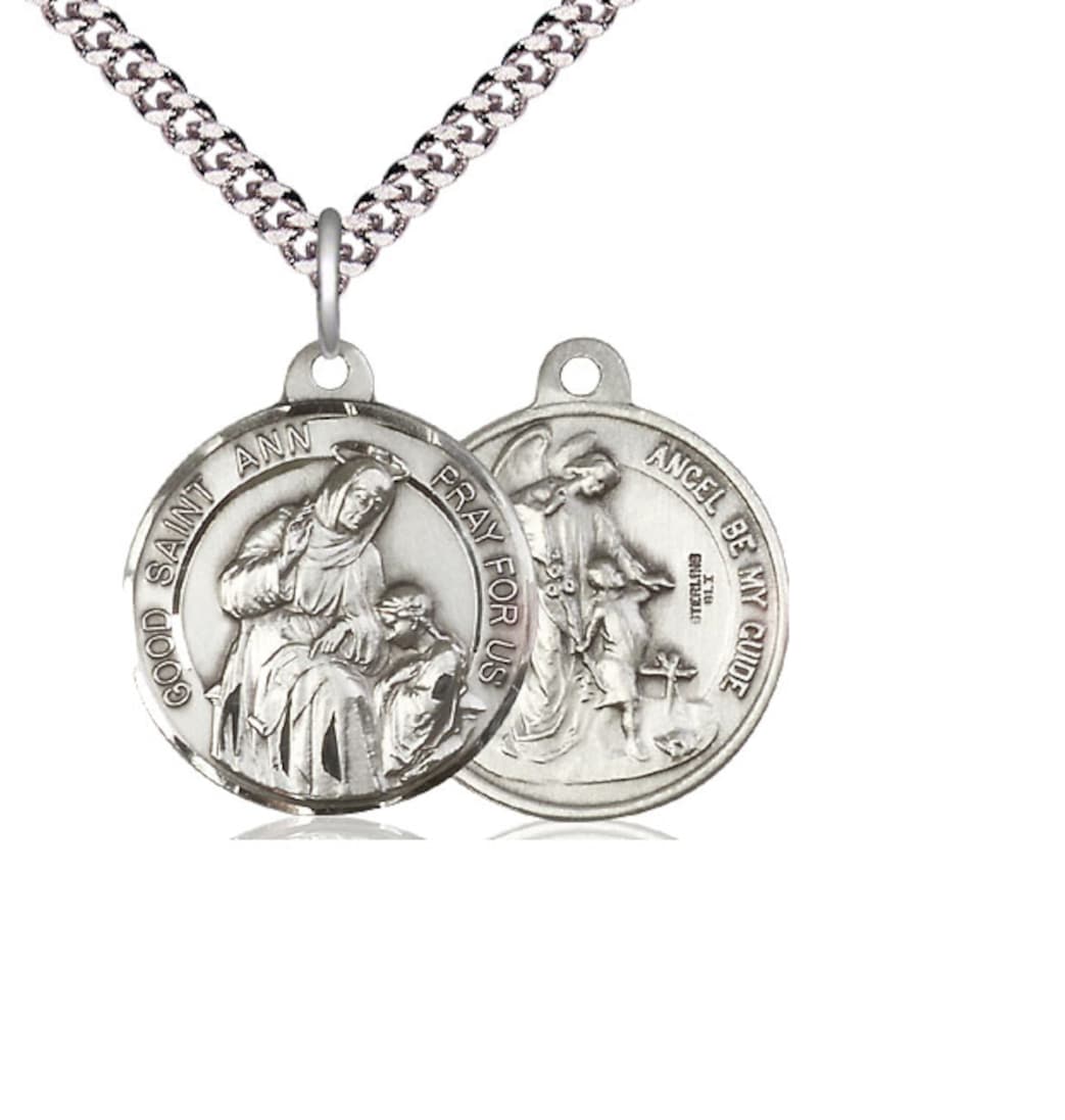 Bliss Manufacturing St Ann and Guardian Angel Sterling Silver Medal w/Chain,