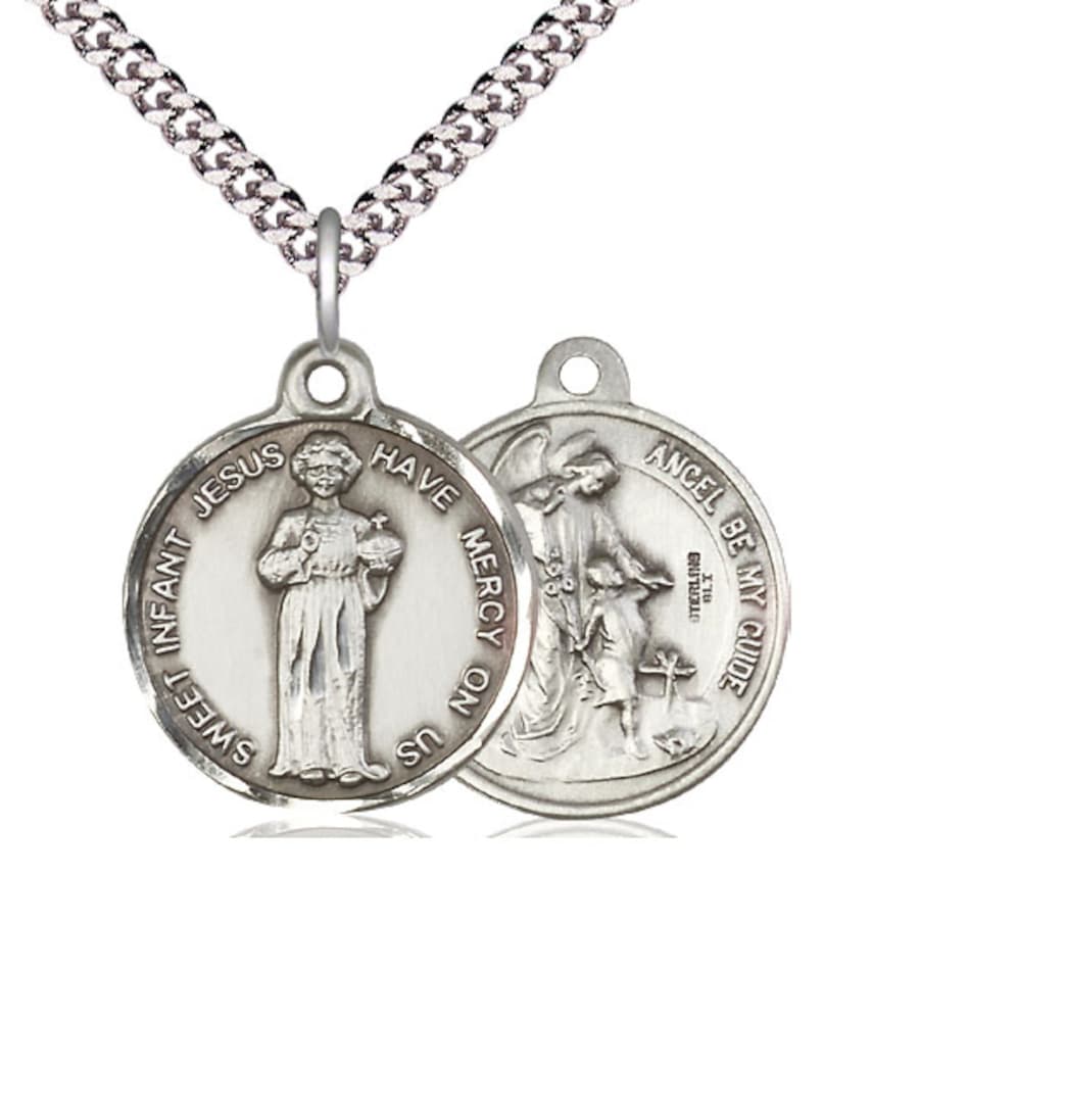 Bliss Manufacturing Holy Child Jesus and Guardian Angel Sterling Silver Medal w/Chain,