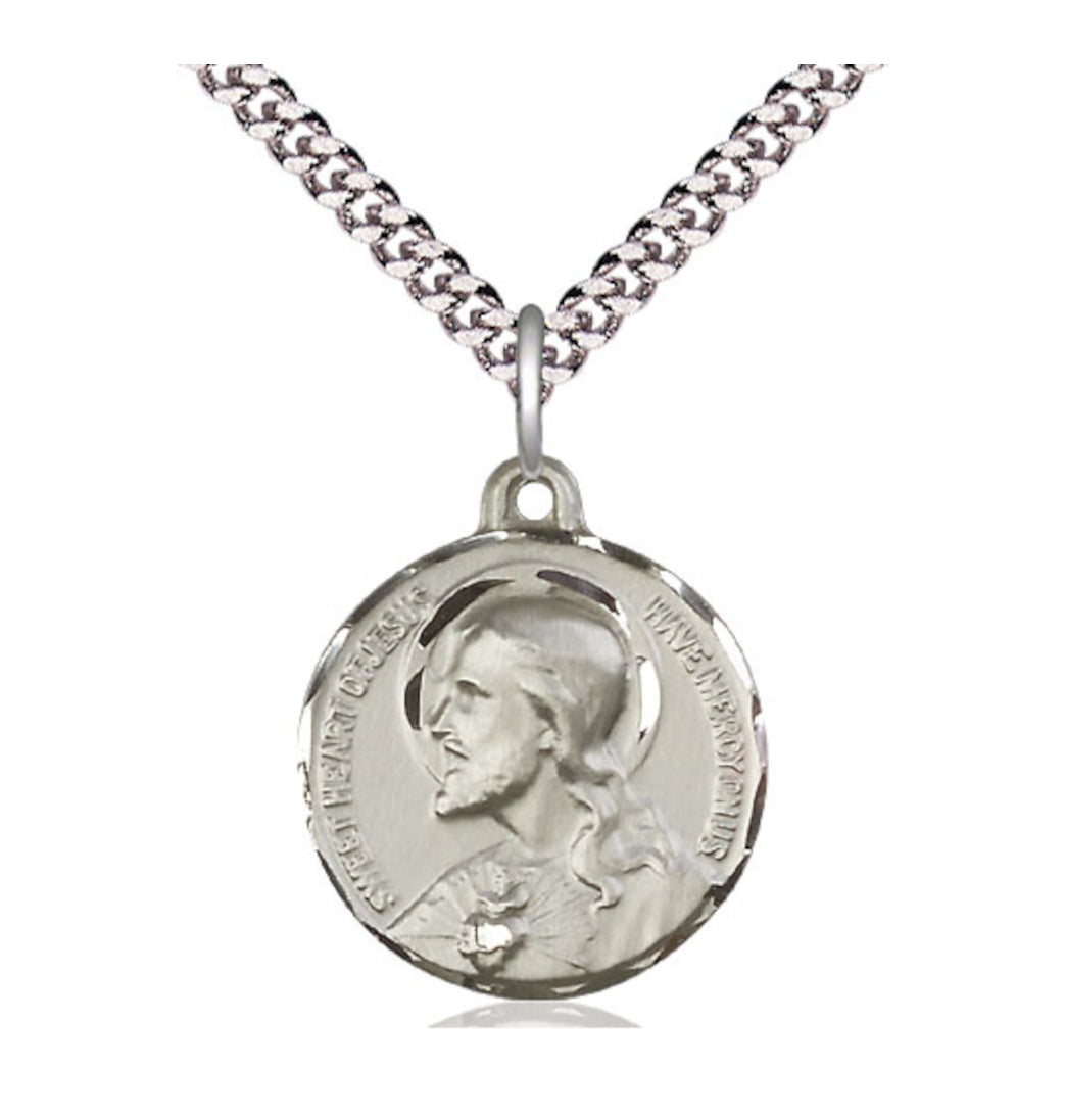 Bliss Manufacturing Sacred Heart of Jesus Sterling Silver Medal Necklace w/Chain,