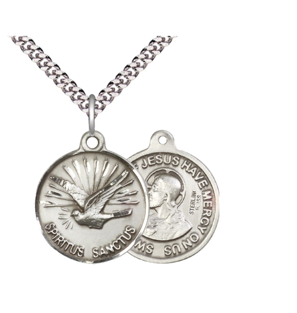 Bliss Manufacturing Holy Spirit and Sacred Heart of Jesus Sterling Silver Medal w/Chain,