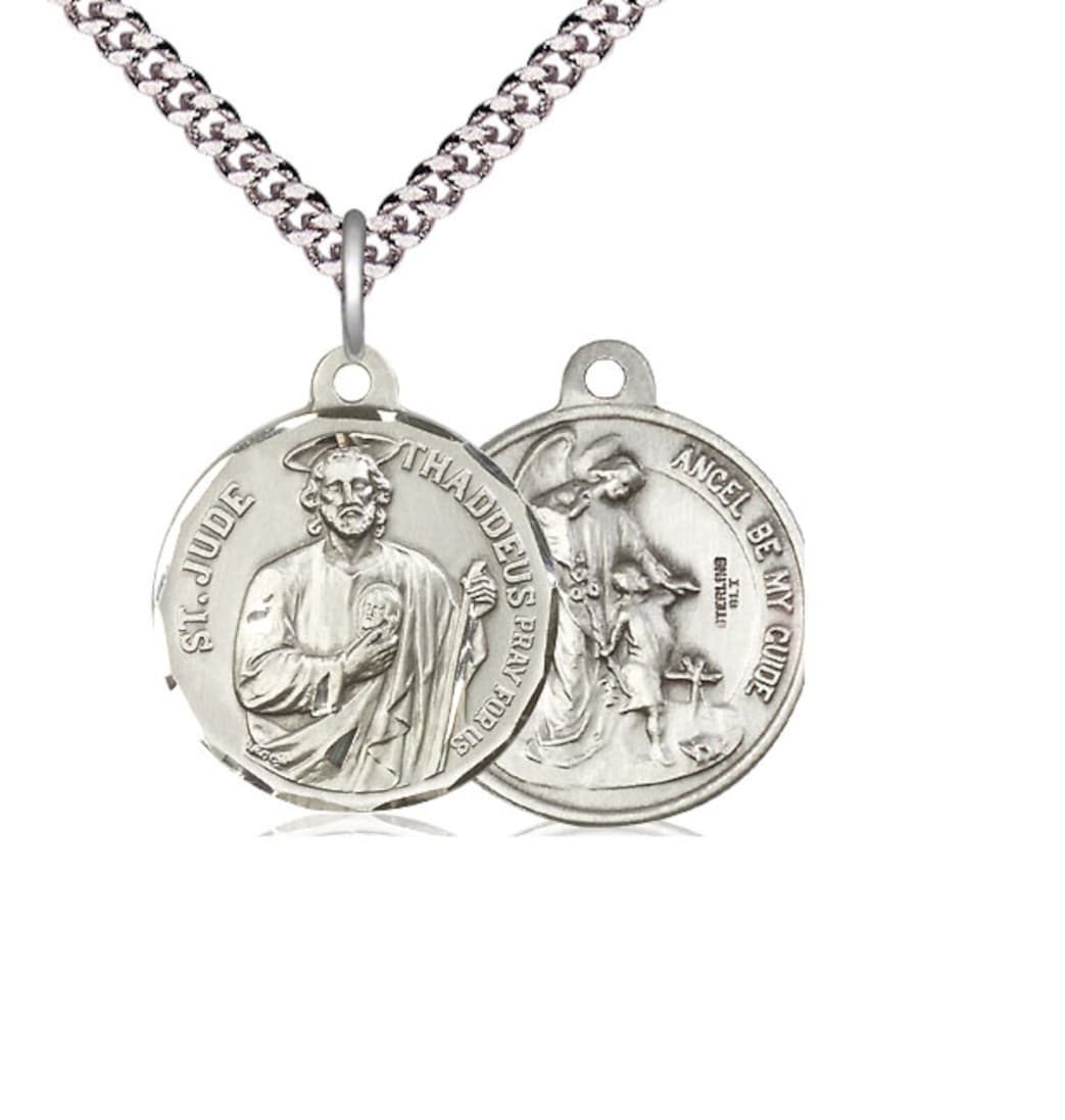 Bliss Manufacturing St Jude Thaddeus and Guardian Angel Sterling Silver Medal w/Chain,