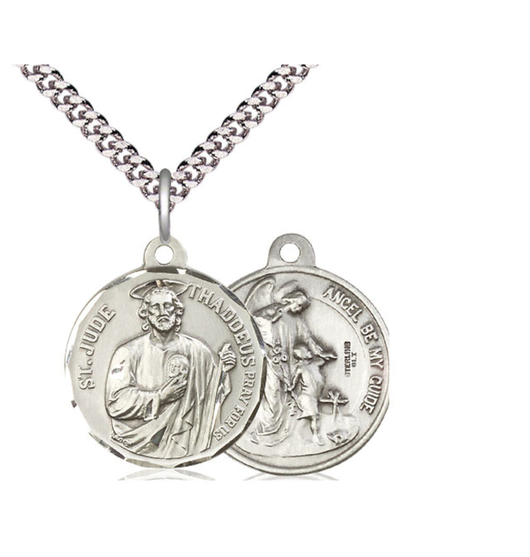 Bliss Manufacturing St Jude Thaddeus and Guardian Angel Sterling Silver Medal w/Chain,