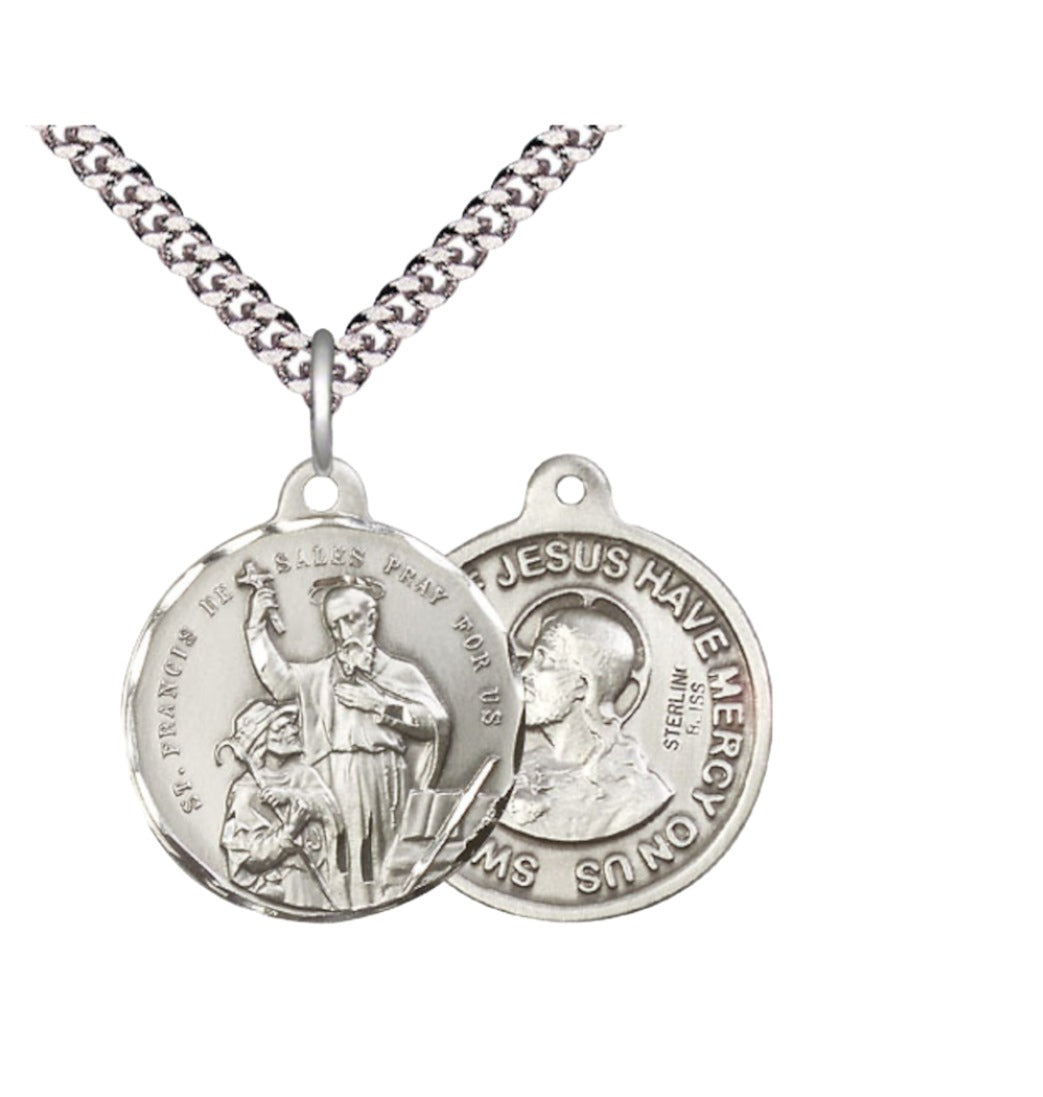 Bliss Manufacturing St Francis de Sales and Sacred Heart of Jesus Sterling Silver Medal w/Chain,