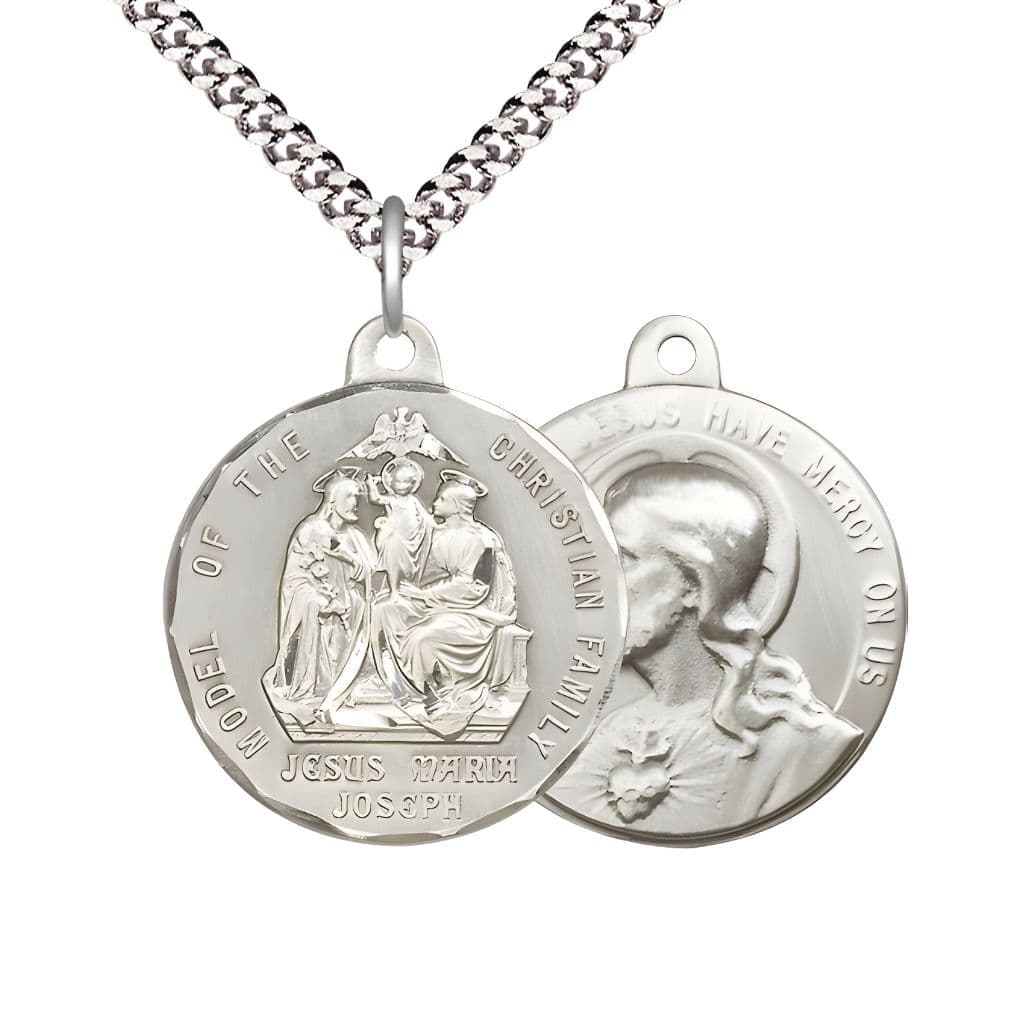 Bliss Jesus, Mary, Joseph, the Model of the Christian Family Pewter Medal with Plated Chain, Measures 1-inch tall by 1 1/8-inch wide.