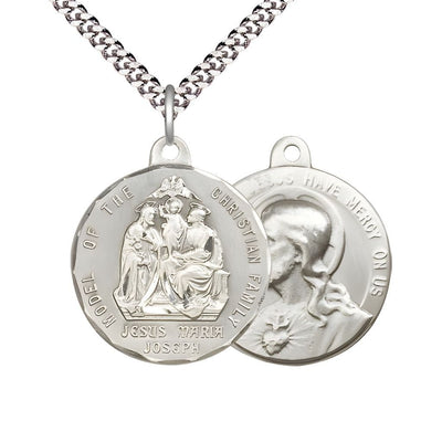 Jesus, Mary, Joseph, the Model of the Christian Family Sterling Silver Medal with Plated Chain, Measures 1-inch tall by 1 1/8-inch wide, Bliss Manufacturing