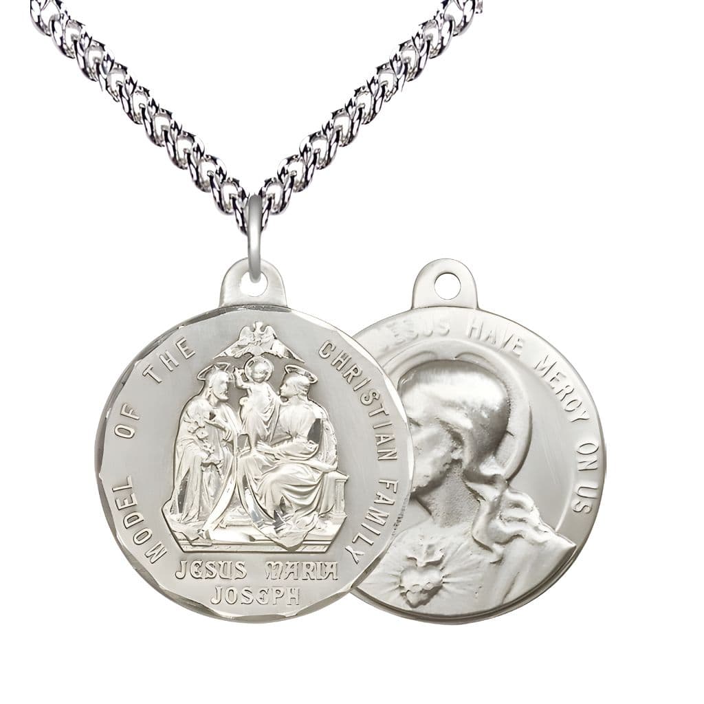Bliss Jesus, Mary, Joseph, the Model of the Christian Family Sterling Silver Medal with Sterling Chain, Measures 1-inch tall by 1 1/8-inch wide.