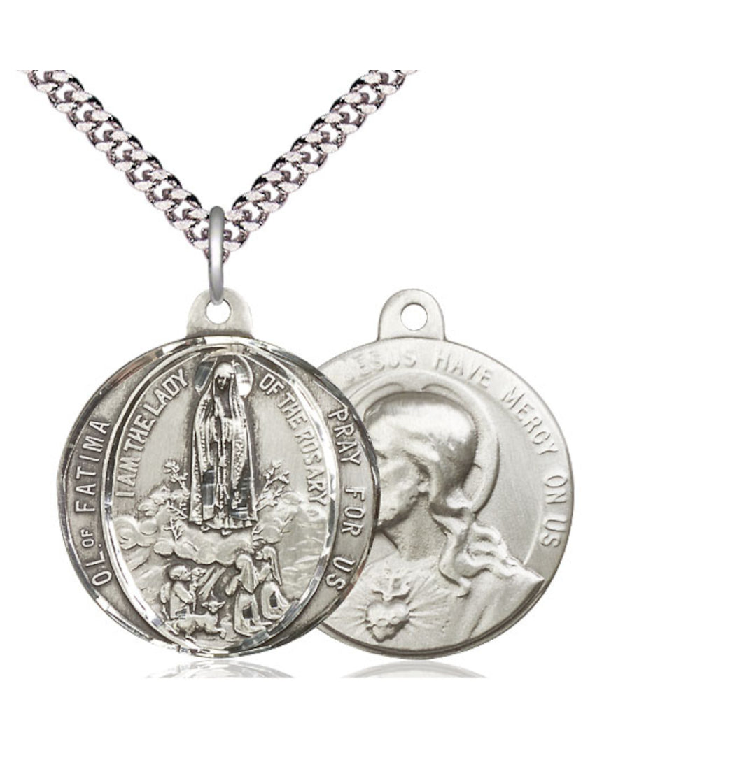 Our Lady of Fatima and Sacred Heart of Jesus Sterling Silver Medal Necklace,