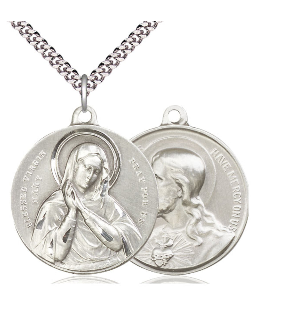 Blessed Virgin and Sacred Heart of Jesus Sterling Silver Medal Necklace,