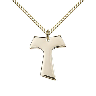 Small Gold-filled Franciscan Tau Cross Pendant Necklace with Gold-filled Curb Chain, Measures 3/4-inch tall by 5/8-inch wide, Bliss Manufacturing