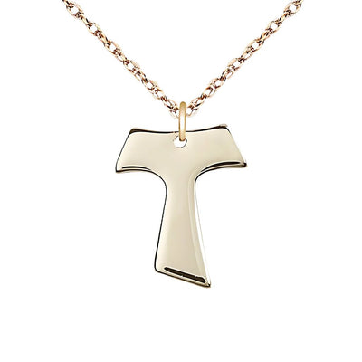 Small Gold-filled Franciscan Tau Cross Pendant Necklace with Gold-filled Rope Chain, Measures 3/4-inch tall by 5/8-inch wide, Bliss Manufacturing