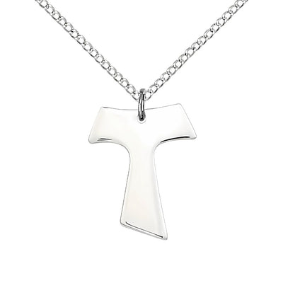 Small Franciscan Tau Cross Sterling Silver Medal Necklace with Sterling Silver Curb Chain, Measures 3/4-inch tall by 5/8-inch wide, Bliss Manufacturing
