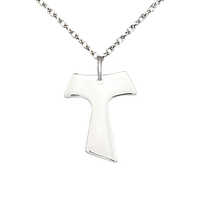 Small Franciscan Tau Cross Sterling Silver Medal Necklace with Sterling Silver Rope Chain, Measures 3/4-inch tall by 5/8-inch wide, Bliss Manufacturing
