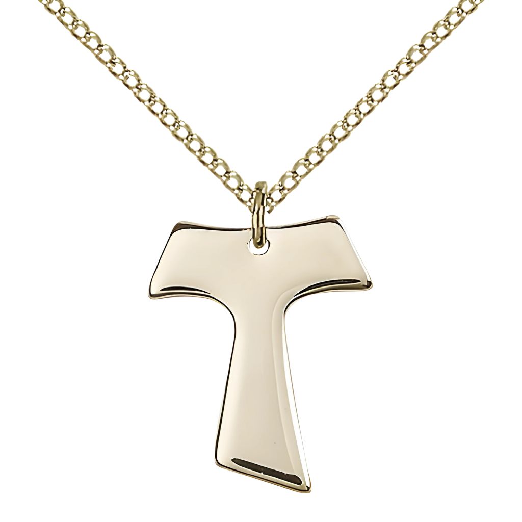 Bliss Medium 14kt Gold Franciscan Tau Cross Pendant w/Curb Chain, Measures 1-inch tall by 3/4-inch wide