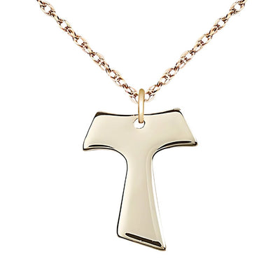 Medium 14kt Gold Franciscan Tau Cross Pendant w/Rope Chain, Measures 1-inch tall by 3/4-inch wide, Bliss Manufacturing