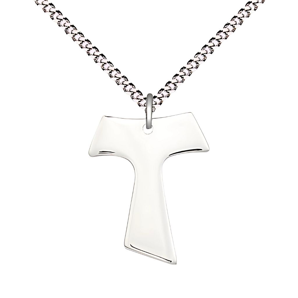 Franciscan Tau Cross Medium Sterling Silver Necklace with Plated Chain, Measures 1-inch tall by 3/4-inch wide