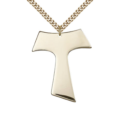 Large Gold-filled Franciscan Tau Cross Pendant Necklace with Gold-plated Chain, Measures 1 1/2-inch tall by 1 1/4-inch wide, Bliss Manufacturing