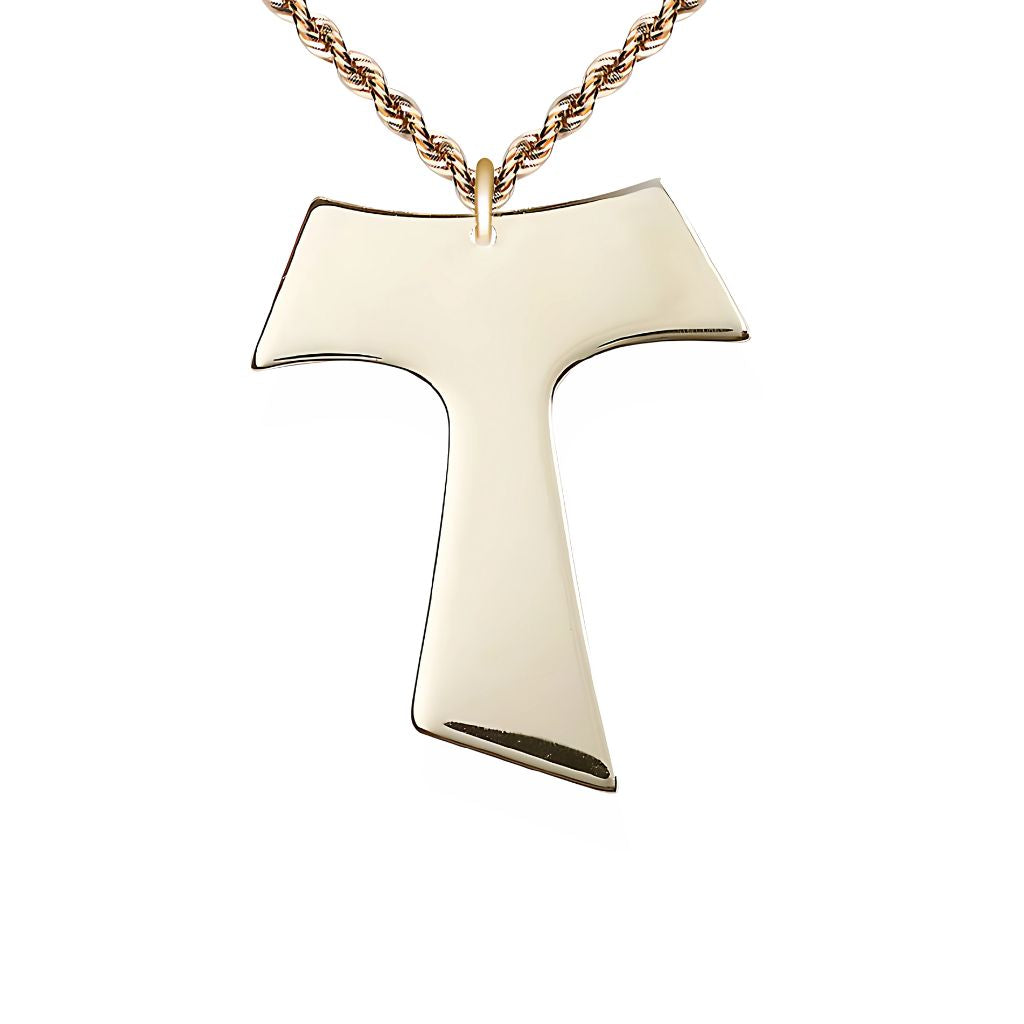 Bliss Large Gold-filled Franciscan Tau Cross Pendant Necklace with Gold-filled Rope Chain, Measures 1 1/2-inch tall by 1 1/4-inch wide