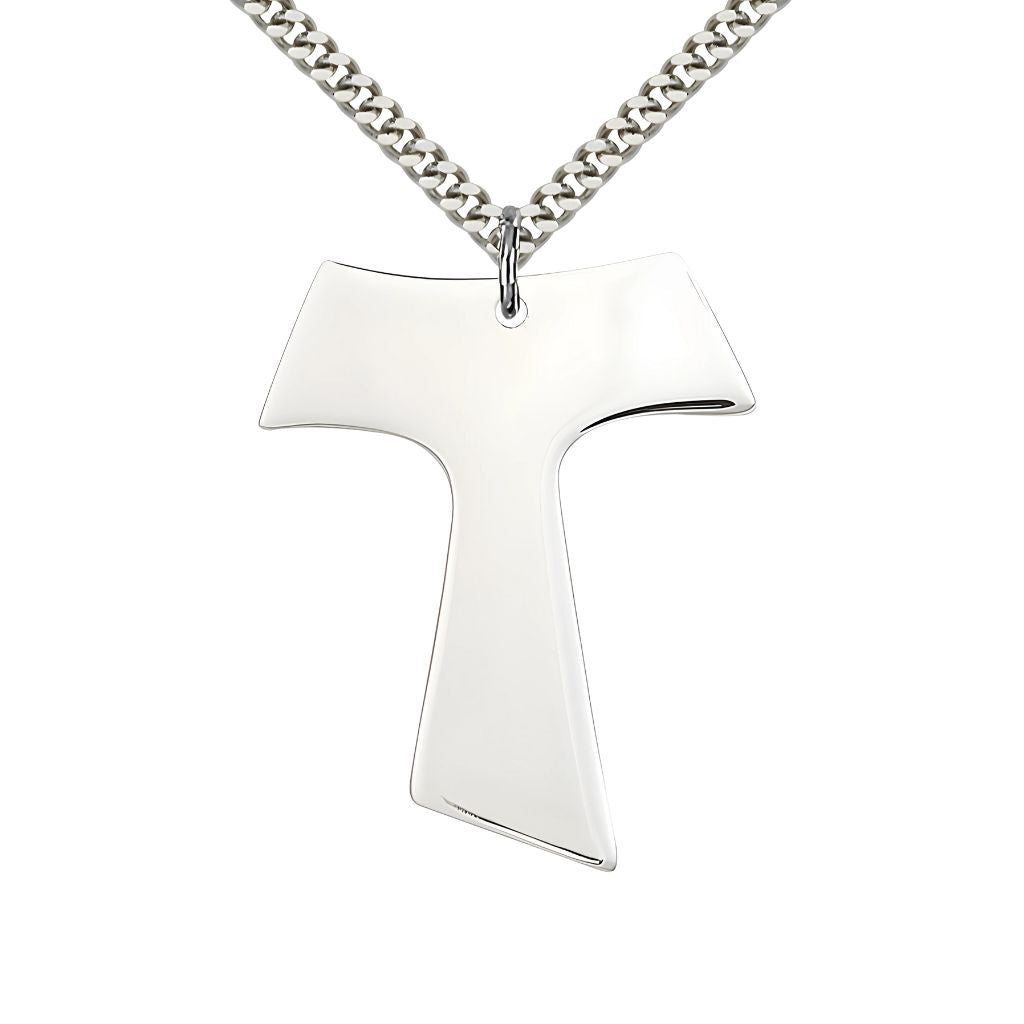 Bliss Large Sterling Silver Franciscan Tau Cross Pendant Necklace with Plate Chain, Measures 1 1/2-inch tall by 1 1/4-inch wide
