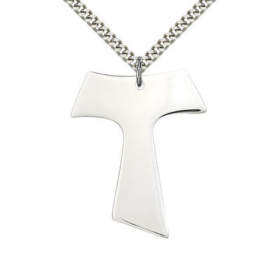 Large Sterling Silver Franciscan Tau Cross Pendant Necklace with Plate Chain, Measures 1 1/2-inch tall by 1 1/4-inch wide, Bliss Manufacturing