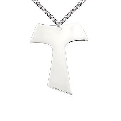 Large Sterling Silver Franciscan Tau Cross Pendant Necklace with Sterling Curb Chain, Measures 1 1/2-inch tall by 1 1/4-inch wide, Bliss Manufacturing