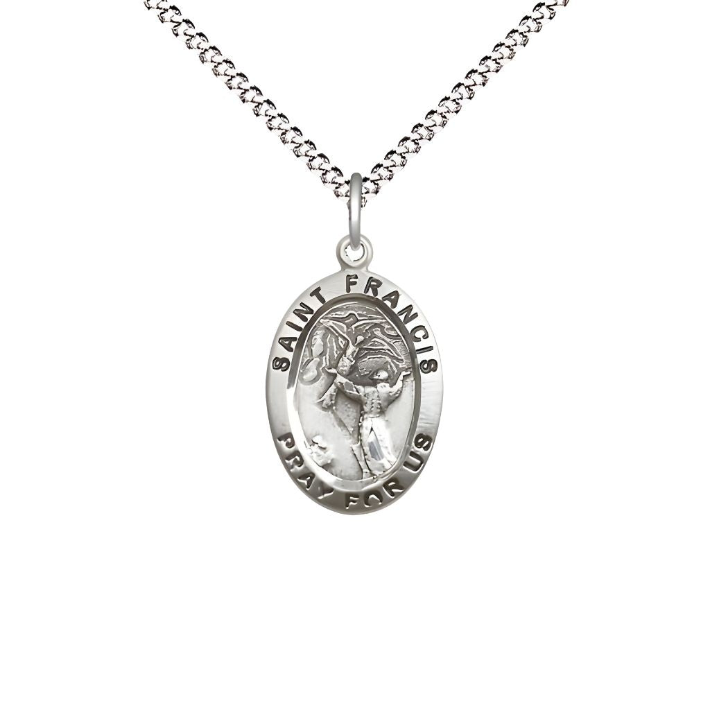 Bliss St. Francis of Assisi Sterling Silver Oval Medal with 14kt Plated Curb Chain, Measures 3/4-inch tall by 1/2-inch wide
