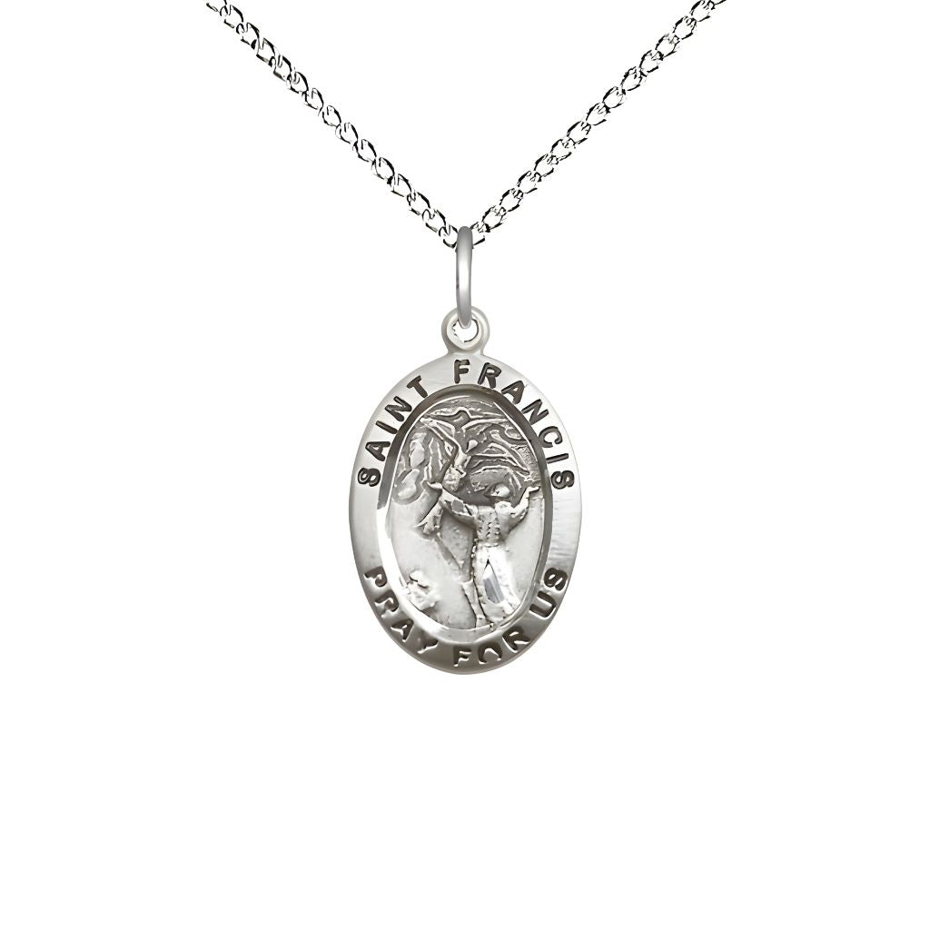 Bliss St. Francis of Assisi Sterling Silver Oval Medal with Sterling Curb Chain, Measures 3/4-inch tall by 1/2-inch wide