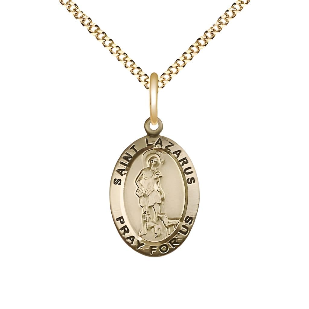 Bliss St. Lazarus 14kt Gold-filled Oval Medal Pendant with Gold-plated Chain, Measures 3/4-inch tall by 1/2-inch wide.